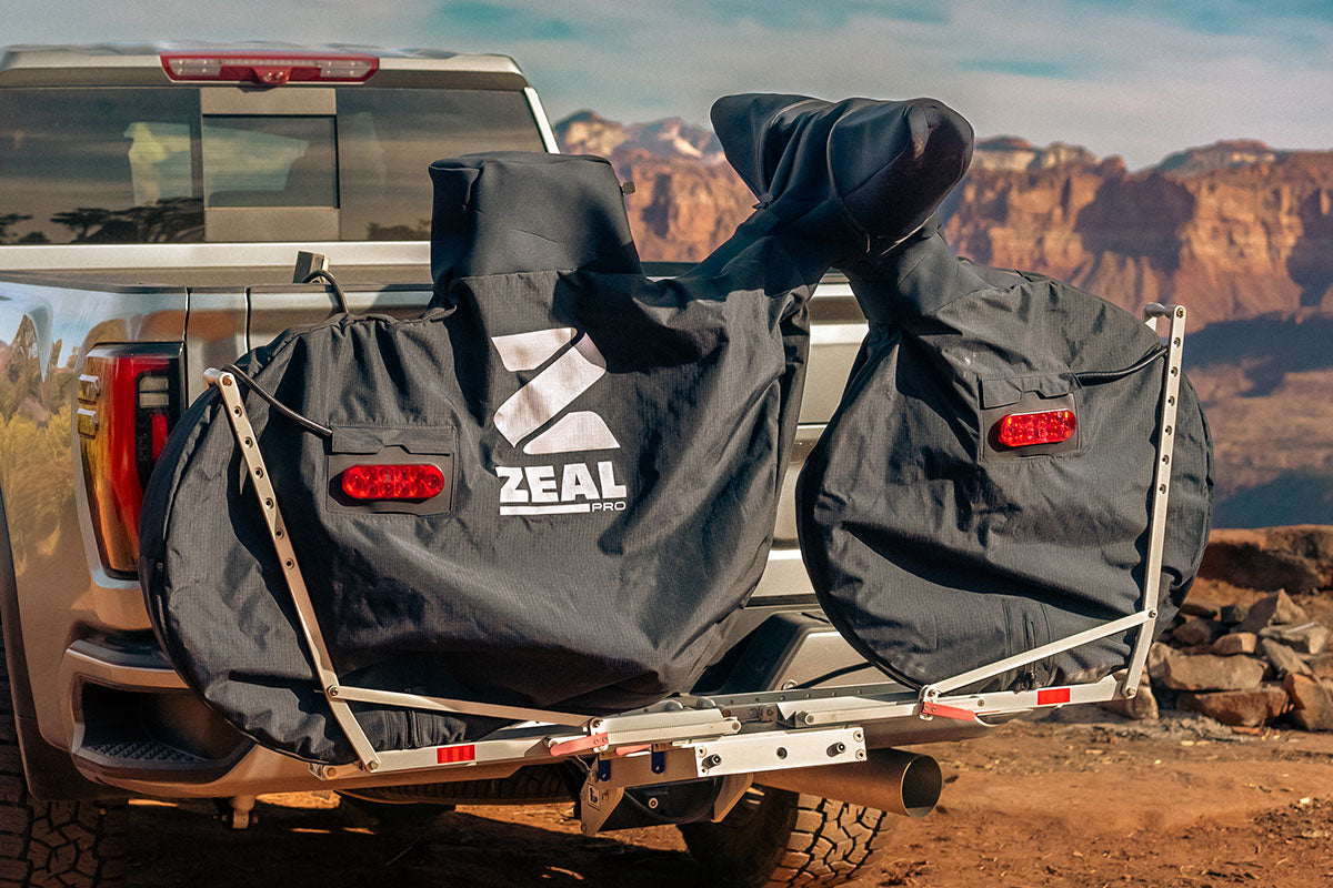 Bike cover installed on rear vehicle bike rack
